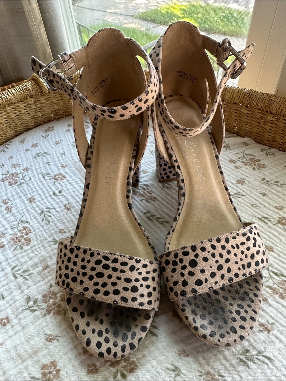 Chinese Laundry Beige and Black Spotted Ankle-Strap Block Heels